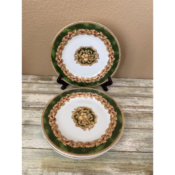 Set of 4 American Atelier Noel Salad Dessert Plates 8” Green Gold Red Holiday - Picture 1 of 13